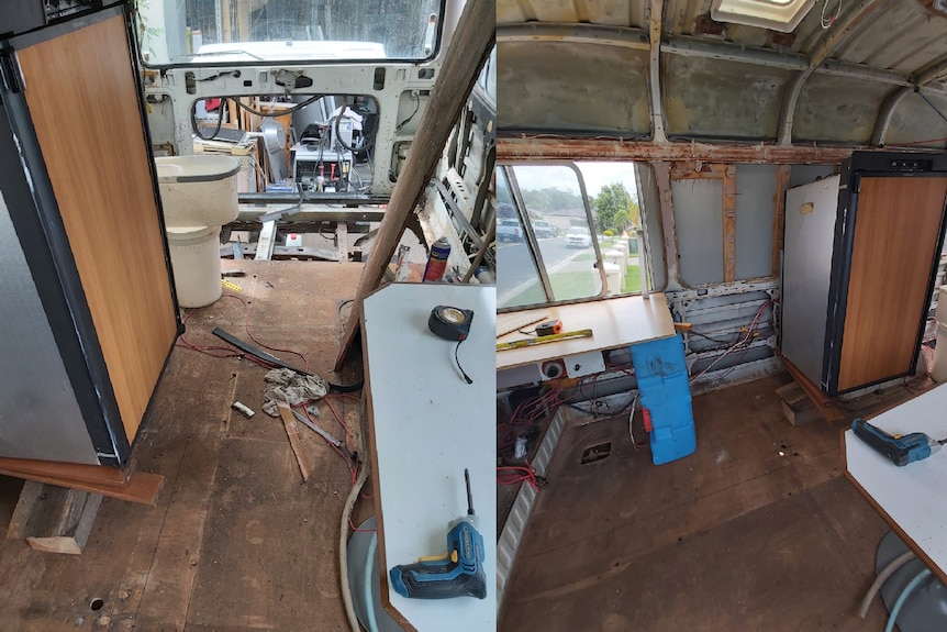 The interior of a minibus with its ceiling and fittings removed completely.