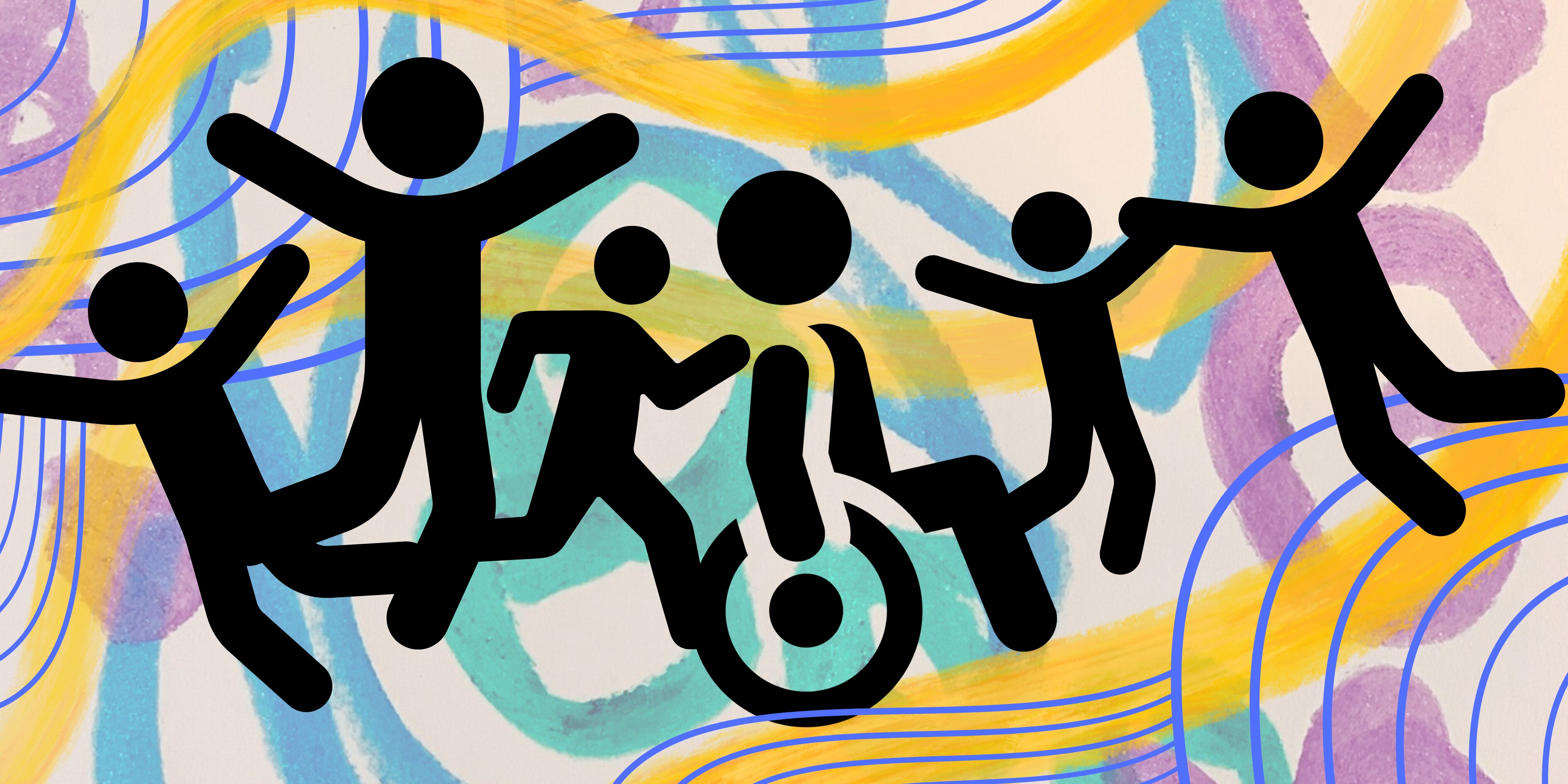 a collage of child's art overlayed with accessibility figure symbols  