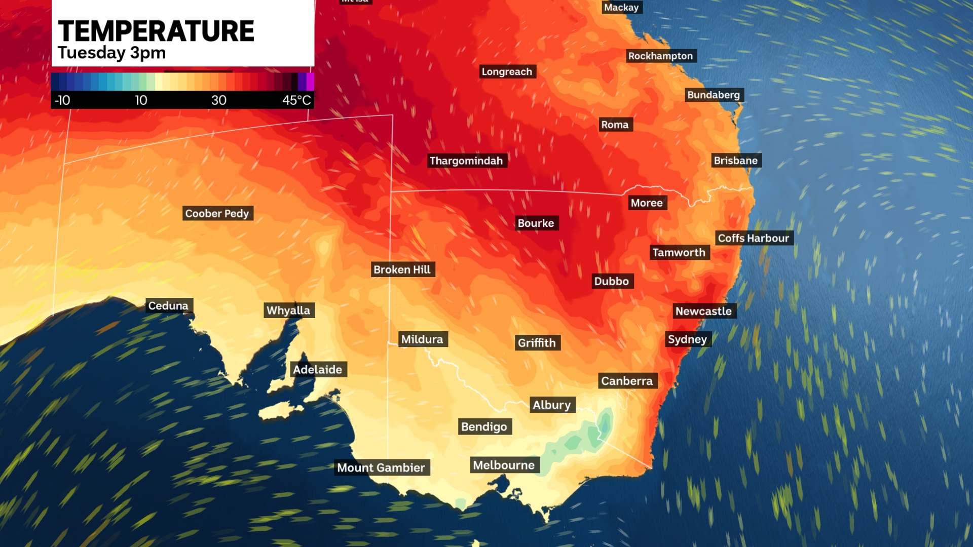 a map of eastern australia showing hot temperatures for those parts 