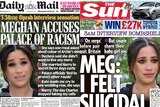 Front pages of the UK Daily Mail and The Sun focusing on Prince Harry and Meghan Markle's interview with Oprah Winfrey on CBS.