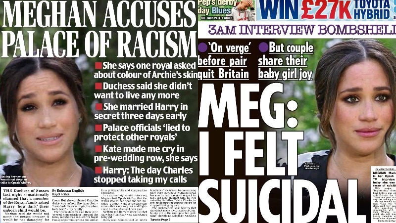 Front pages of the UK Daily Mail and The Sun focusing on Prince Harry and Meghan Markle's interview with Oprah Winfrey on CBS.