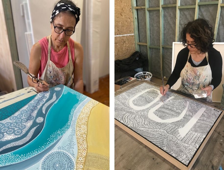 Two photos side byside of indigenous artist Lizzy Stageman painting her art.