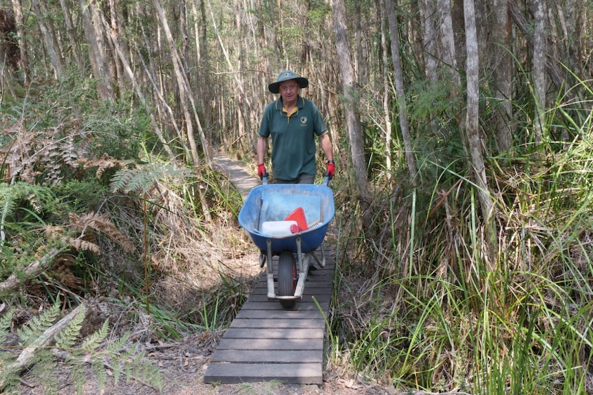 Man in a green uniform with a wheel barrow in the forest