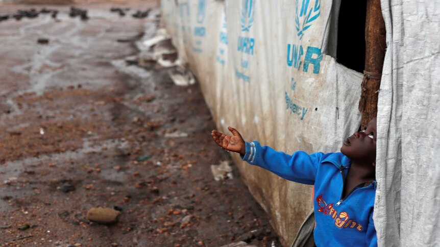 A little boy reaches his arm out of a tent to catch raindrops