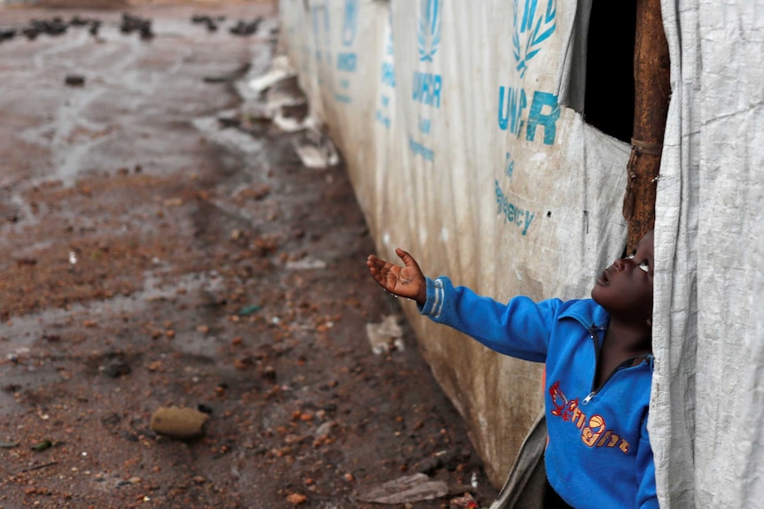 A little boy reaches his arm out of a tent to catch raindrops