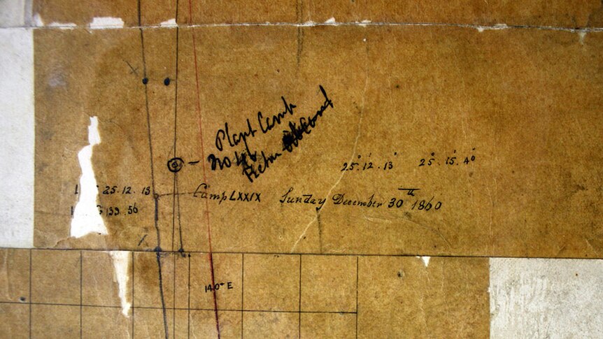 On old stained paper, notes have been made about the location of Plant Camp.