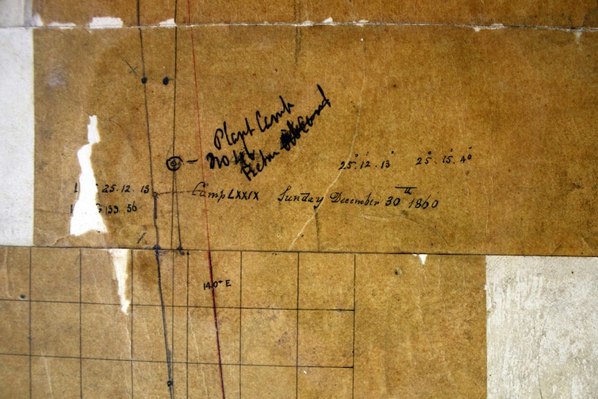 On old stained paper, notes have been made about the location of Plant Camp.