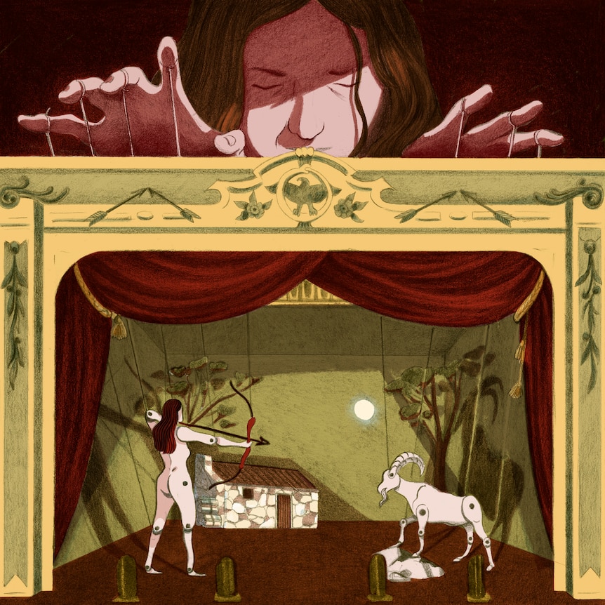 An illustration of a woman puppeteering a scene in a puppet theatre of a doll shooting a deer with a bow and arrow.