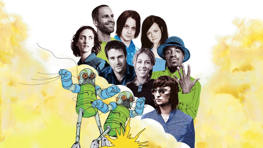 Stylised collage of acts in the Hottest 100 of 2003 including Jack Johnson, The White Stripes, The Waifs, Outkast and Jet