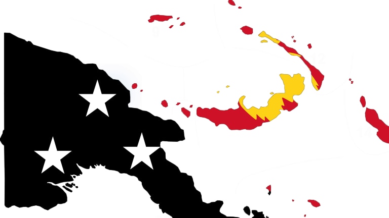 The silhouette of Papua New Guinea map with the image of the PNG flag overlayed