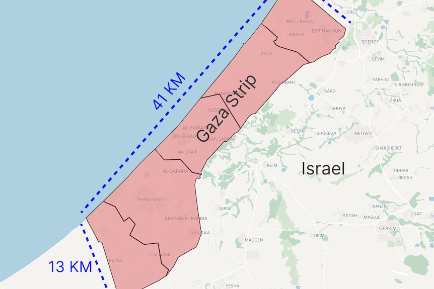 Map of Gaza showing the length of its borders