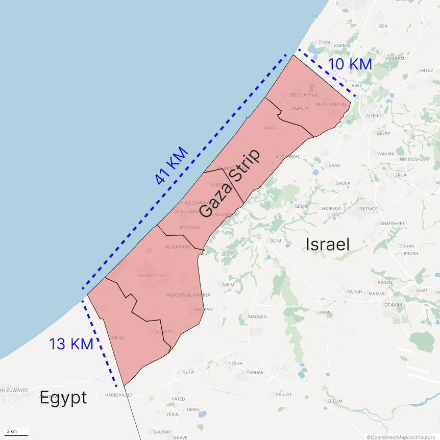 Map of Gaza with the shape of the Gaza Strip overlayed on top