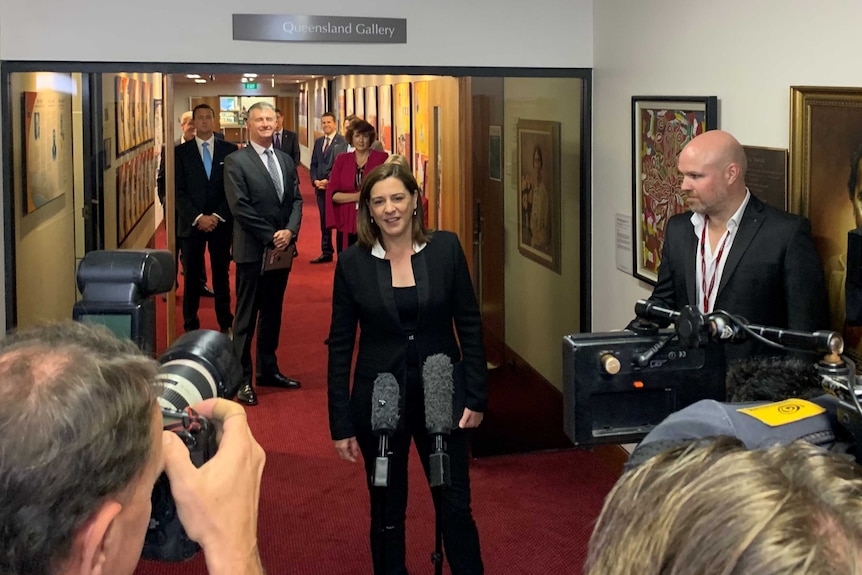 Deb Frecklington talks to media in a hallway in parliament house with her colleagues behind her.