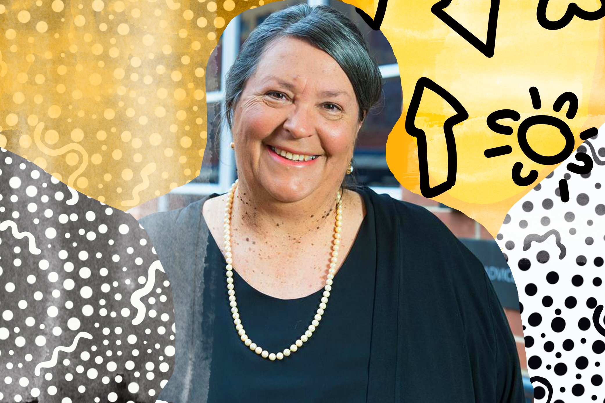 A woman smiles into the camera, the image surrounded by digital art in yellow, black and white.