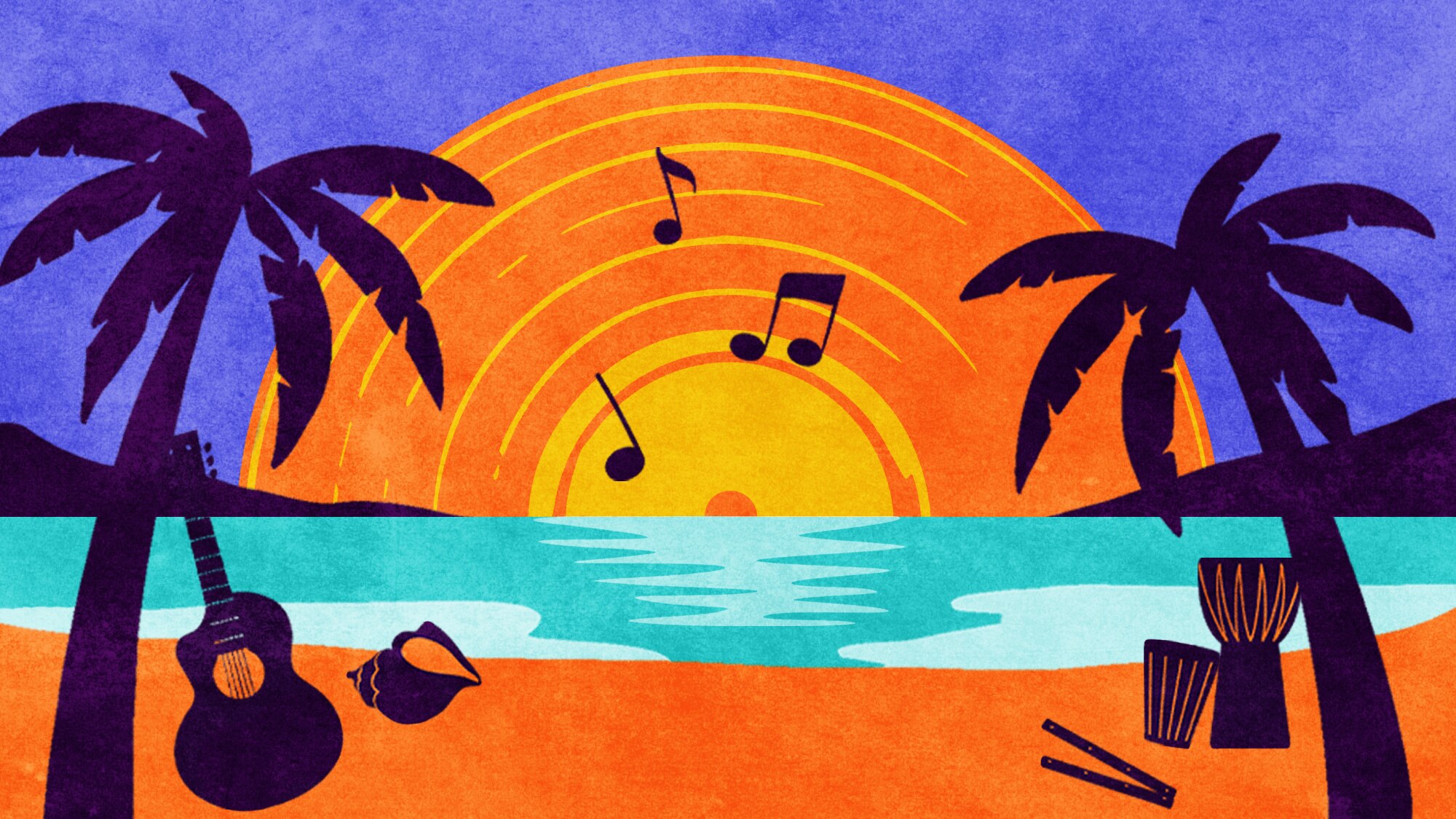 trees and musical notation over a beach