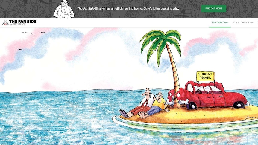 a screenshot of the far side website with a cartoon of two men on an island with a car and a website header