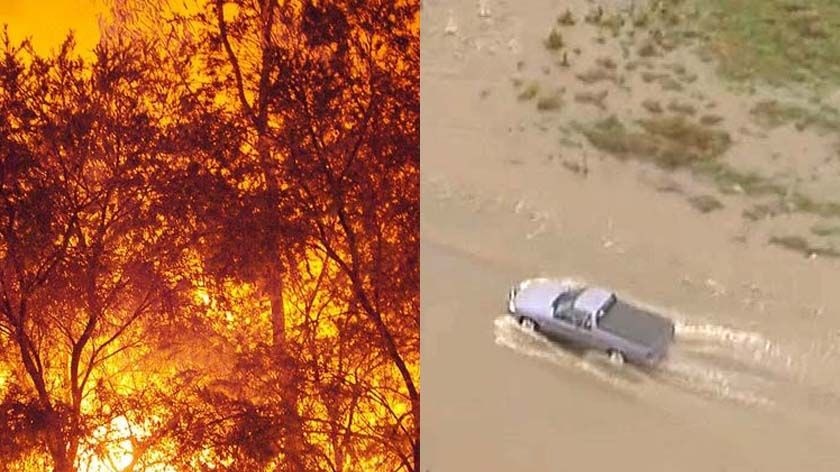 LtoR A firefighter tackles a bushfire and a car drives through floodwaters