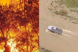 LtoR A firefighter tackles a bushfire and a car drives through floodwaters