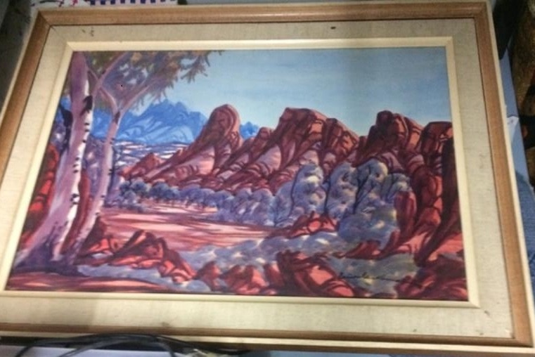 A landscape watercolour painting by Ewald Namatjira, third son of Albert Namatjira.