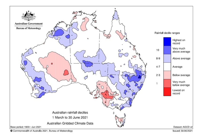 A rainfall map of austrlaia from March to June 2021 showing above average falls in southern qld