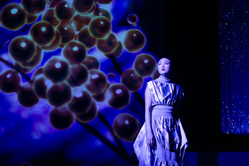 A Chinese Australian in her 30s with long dark hair wears a silver dress in front of a screen with blue and black projections