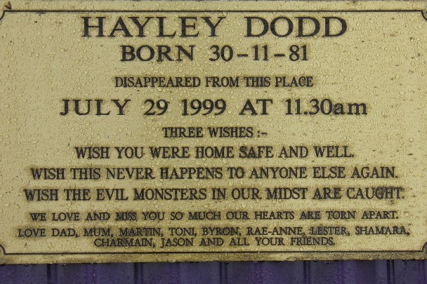 The plaque dedicated to Hayley Dodd in the area where she vanished
