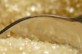 A spoon in a bowl of raw sugar