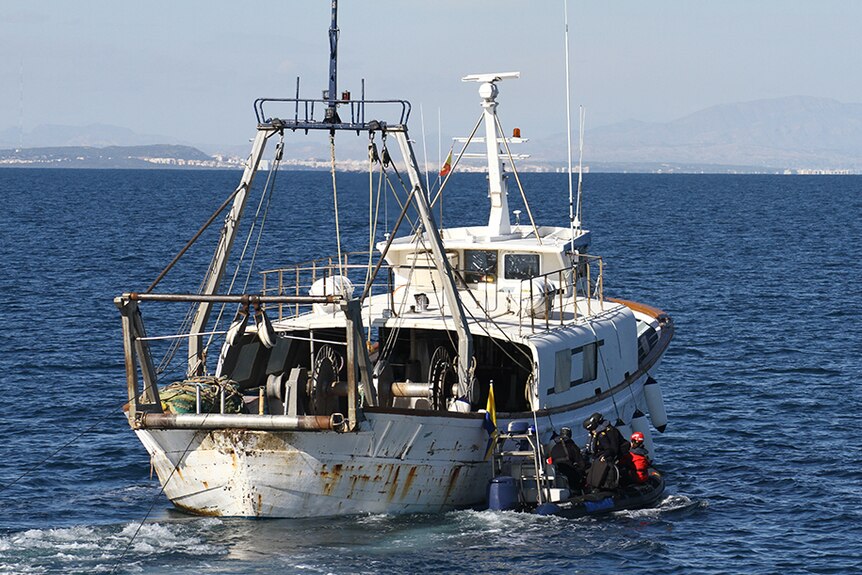 Spanish fishing inspectors prepare to board a suspected illegal trawling boat.