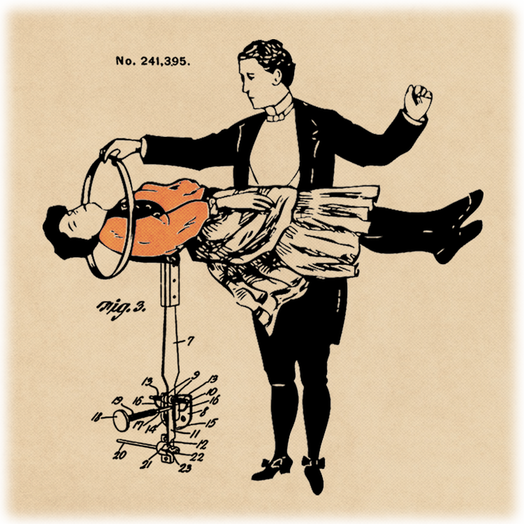 An illustration showing a magician's levitation trick, including a secret contraption to make it appear a woman is floating.