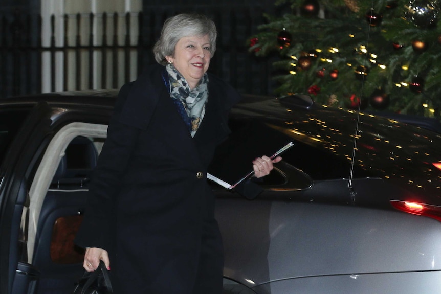 Theresa May, clutching a folder in one hand and carrying a bag in the other, gets out of a car and smiles at waiting press.