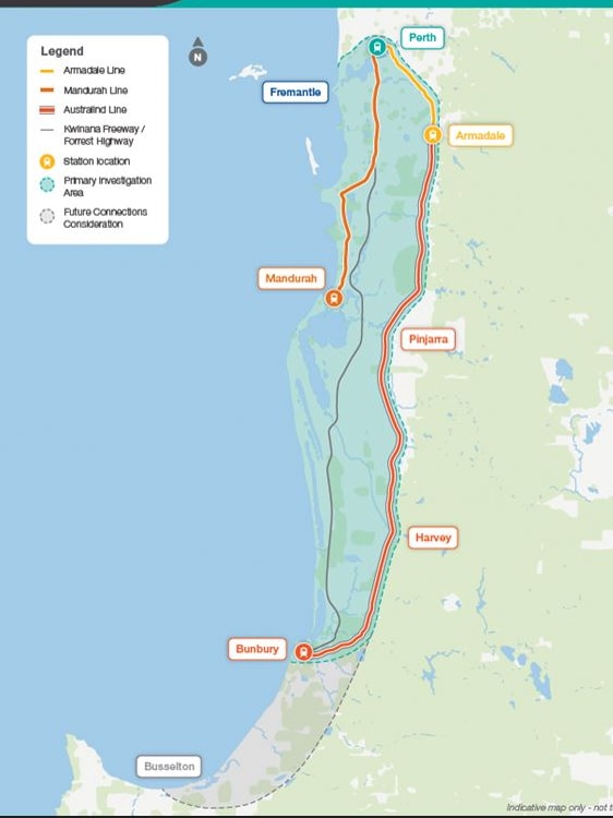 A map outlining current train routes from Perth to Bunbury with a broken line to Busselton