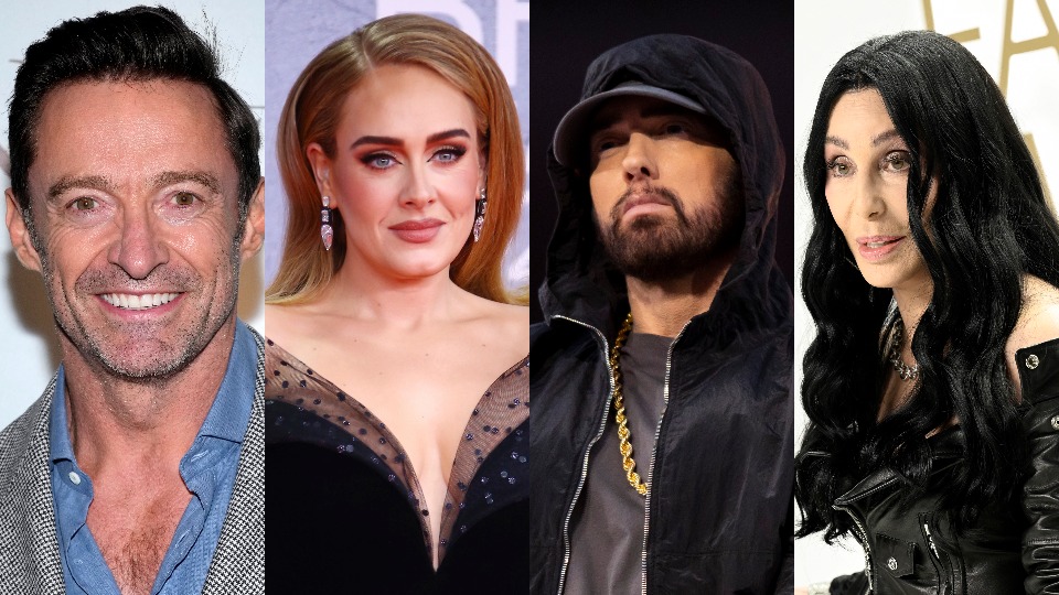 A composite image of Hugh Jackman, Adele, Eminem and Cher