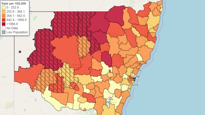 A map illustrating the rates of domestic violence across New South Wales, intensifying in the west of the State.