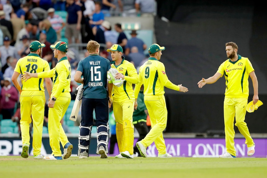 English and Australian cricket players shake hands on the cricket pitch at the Oval