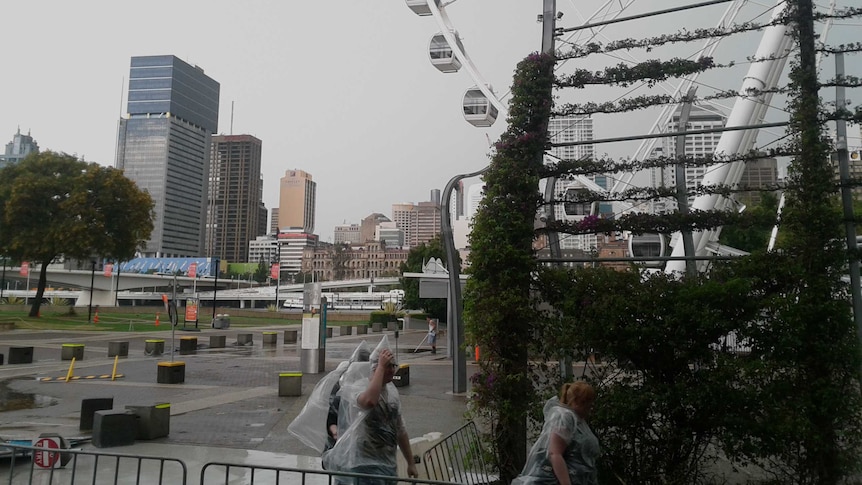 Grey skies hover over South Bank, in Brisbane, during storms on November 17, 2012.