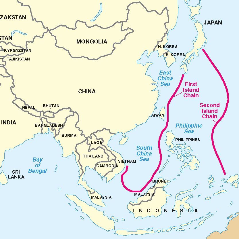 A map showing the frit and second island chains near China