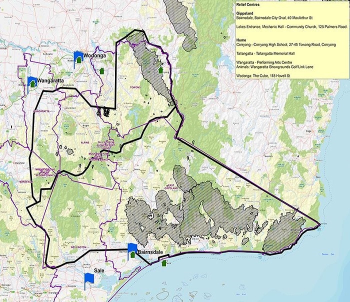 A map showing vast areas of Gippsland and Victoria's north-east that are subject to a state of disaster declaration.