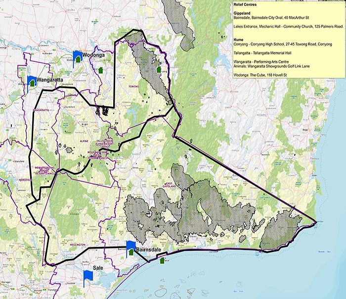 A map showing vast areas of Gippsland and Victoria's north-east that are subject to a state of disaster declaration.