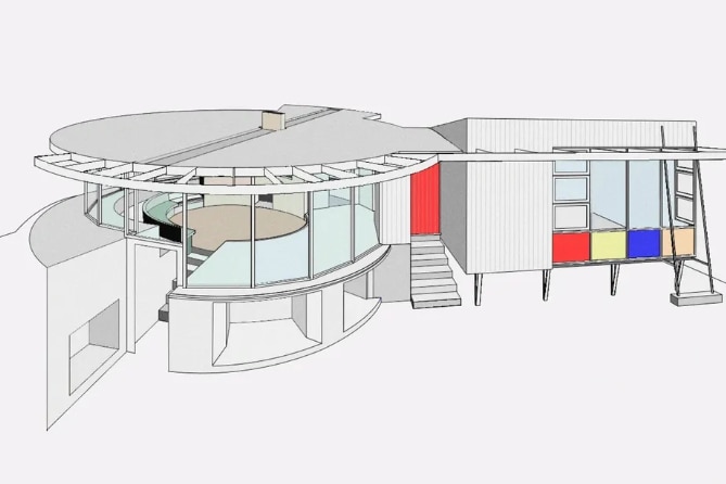 an architectual sketch of a modern house circular glass house
