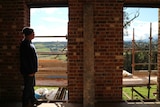 a farmer looks through a brick window out to a field