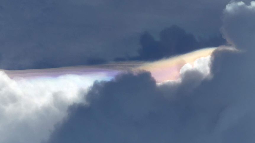 A photograph of the unique rainbow sandwiched between layers of dark cloud.
