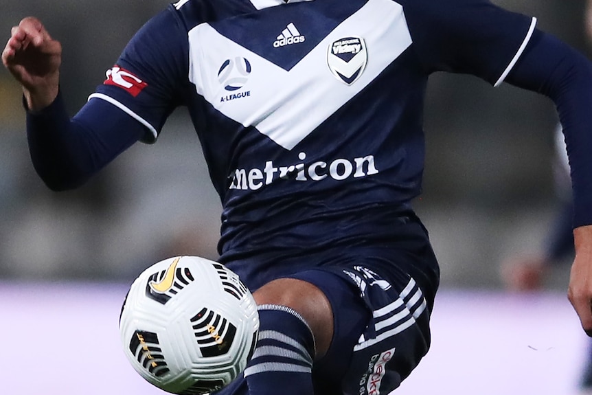Close up of a navy blue Melbourne Victory jersey