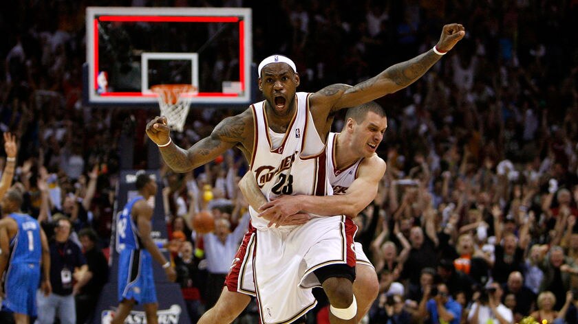 LeBron James celebrates after winning game two of the 2009 NBA East finals for Cleveland v Orlando.