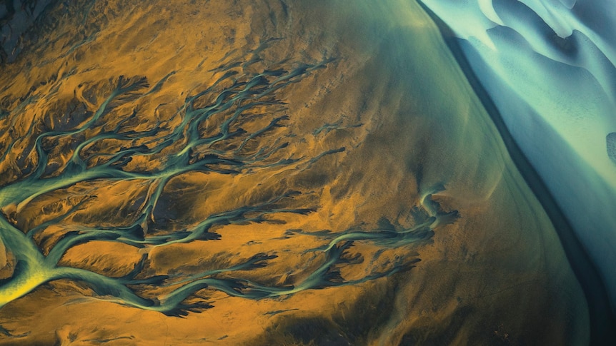 Aerial shot of a sprawling river system. The patterns look like sprawling tentacles of blue and green through a yellow landscape