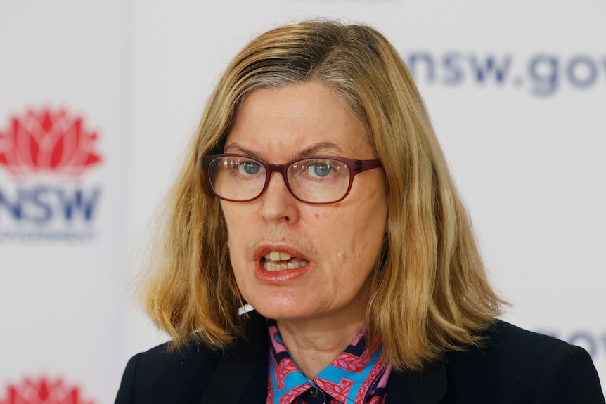 A bespectacled woman with highlights in her hair – Kerry Chant – speaks to the media in front of NSW Health branding.