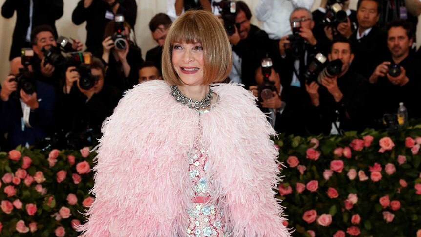 Wintour wears a pink fluffy cape with a sequinned gown