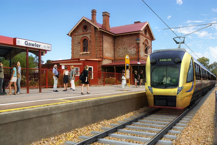 A train arrives at a station.