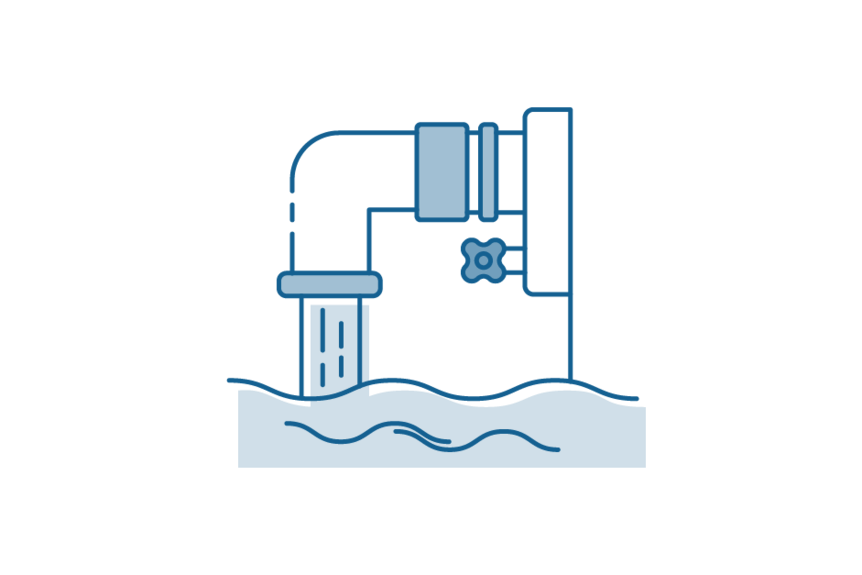 Icon drawing of water pipe with running water coming out of it.