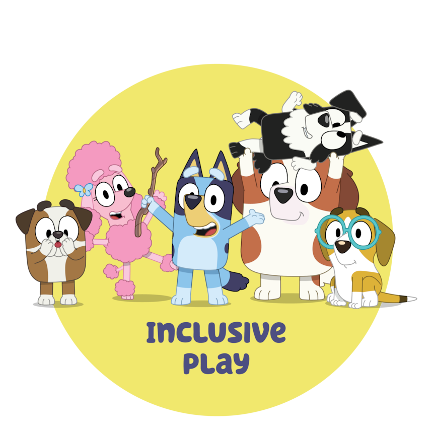 Circular image of Bluey holding a stick with friends, with the text "Inclusive Play"