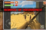 A screengrab from a video game that says "Beware of Aborigines" with a bow and arrow pointed at Aboriginal figures.